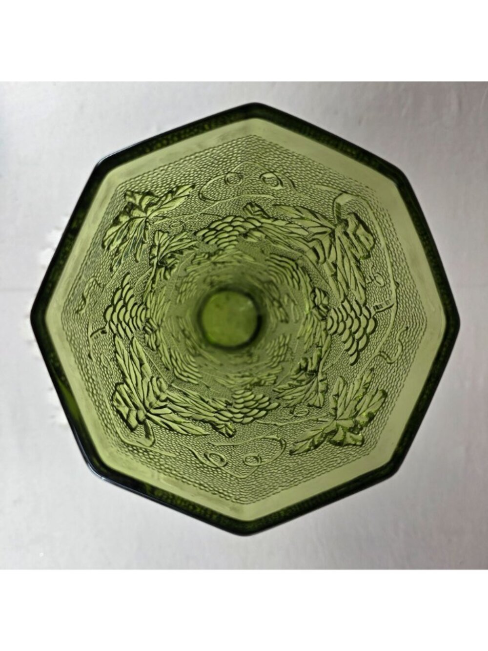 MCM Green Pressed Glass Vase With Grape & Wine Pattern Octagonal Shape 9.5" Tall - Picture 6 of 7